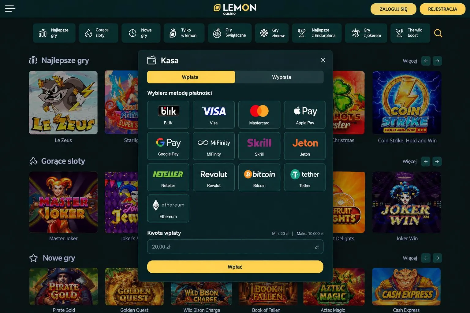Wpłaty, wypłaty, KYC i limity w Lemon Casino