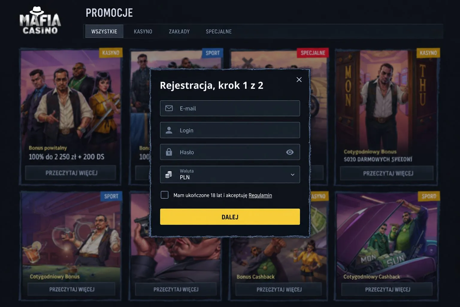 Rejestracja, logowanie i konto w mafia casino
